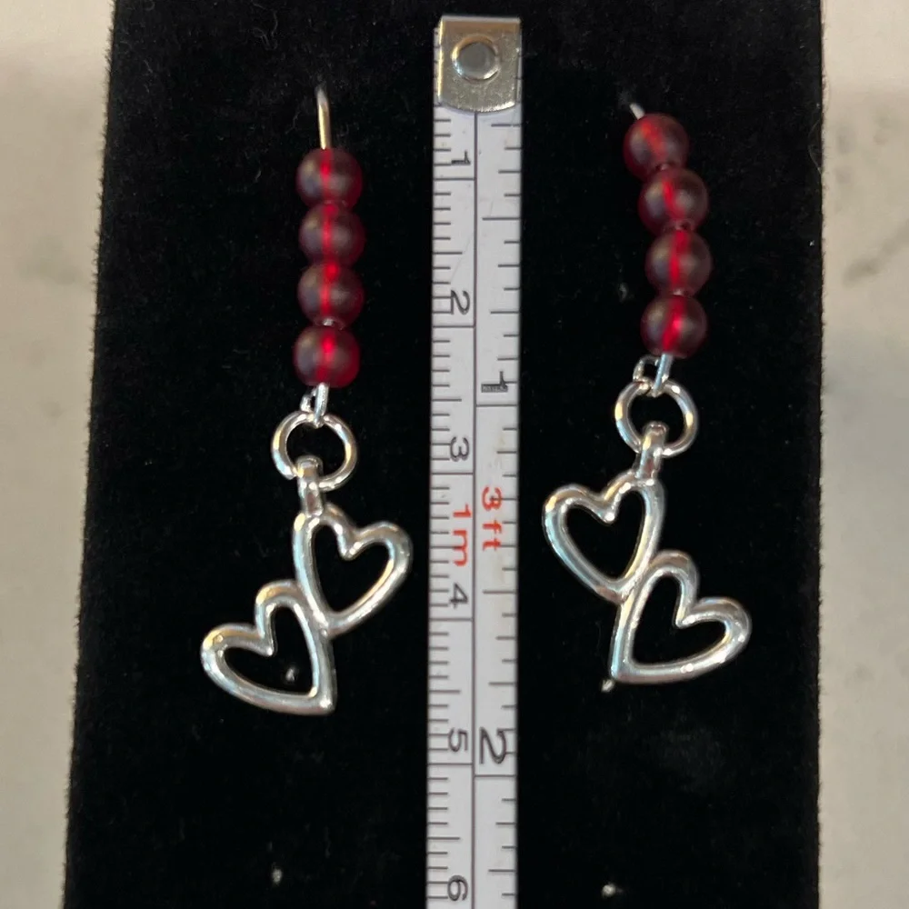 NWOT - Silver Double Heart Dangle Earrings with Burgandy Beads